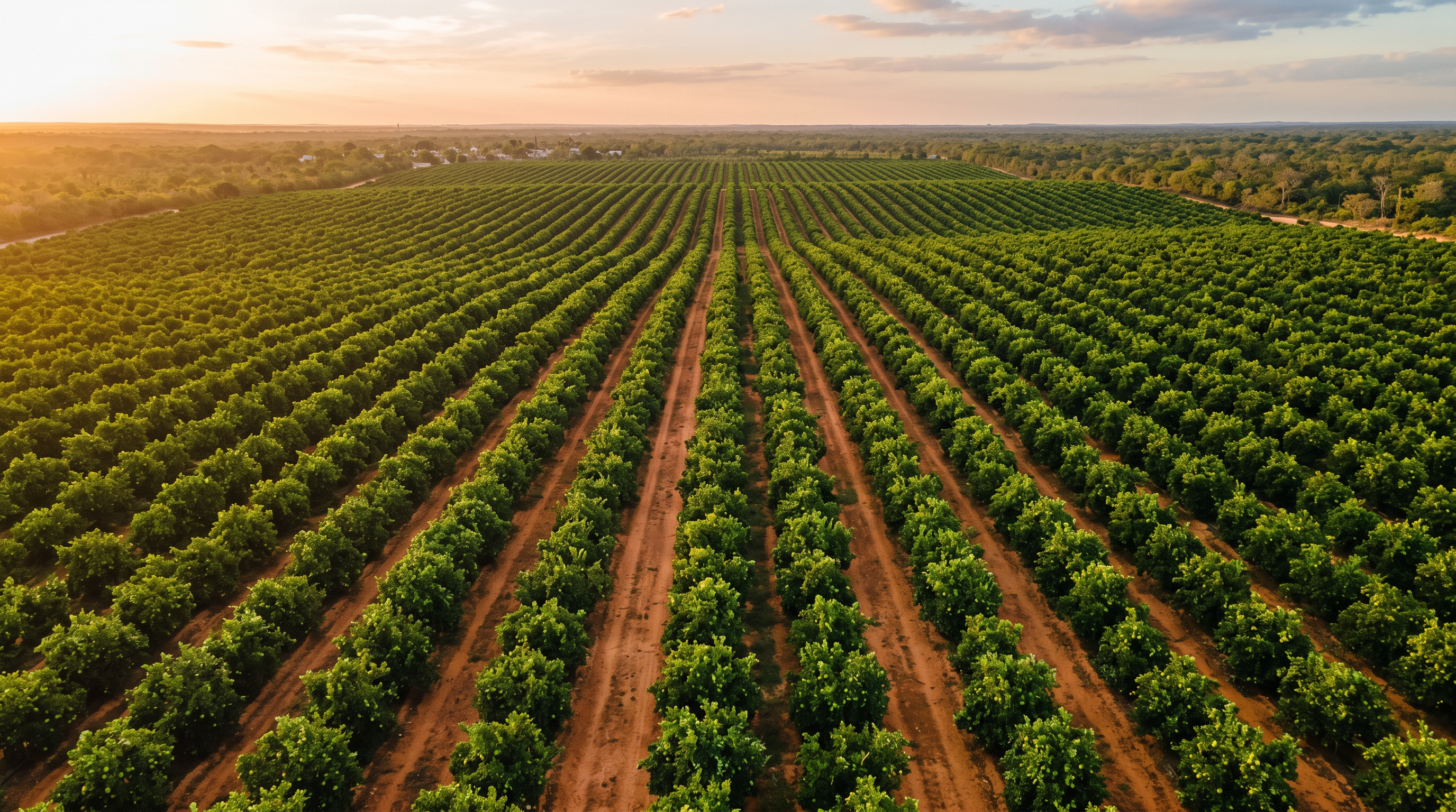 Vista aérea de plantación de limón persa en Yucatán al amanecer