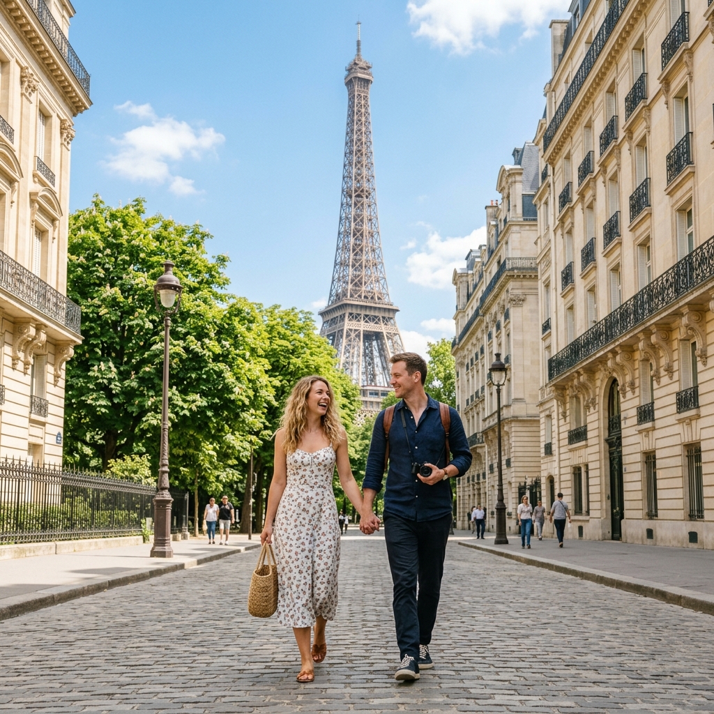 Pareja feliz paseando en París con la Torre Eiffel de fondo